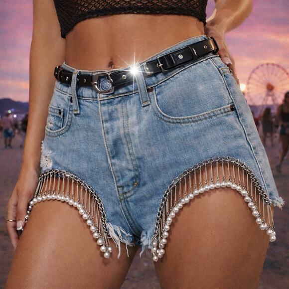 Carmar Pants - Festival Jeweled Fringe Denim Shorts Pearl Chain Cutoff Size 25